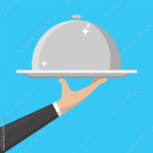 Flat vector illustration of a waiter's hand holding a serving tray. Waiter serving food