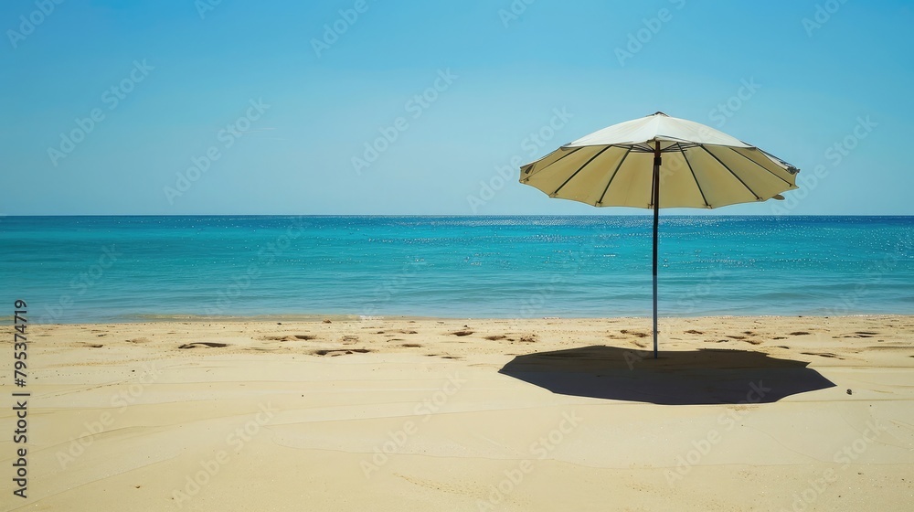 beach umbrella casting a shadow over a sandy beach, creating a tranquil spot to escape the blazing summer sun.