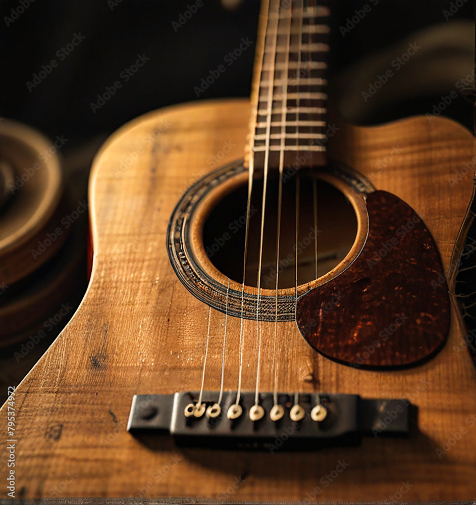 Fototapeta premium A rustic acoustic guitar. generative ai