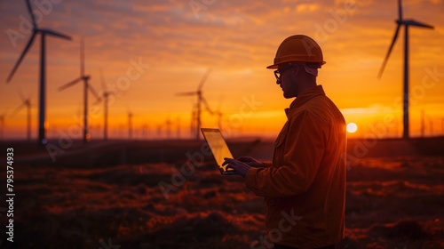 Silhouette of an engineer working on a laptop at a wind farm