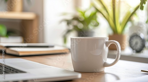 Close-up of a coffee mug on a clutter-free desk, surrounded by work essentials, evoking a focused and energized atmosphere.