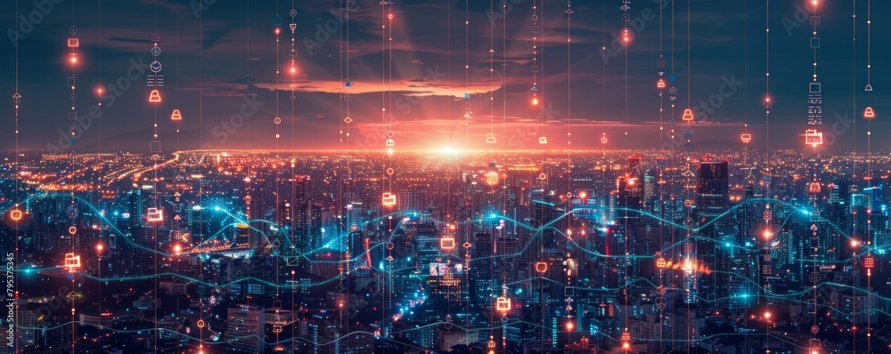 A representation of smart city technology depicted as interconnected pixels with lines, showcasing modern innovation that enhances urban living.