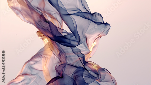 Abstract wavy flowing translucent thin fabric purple against sky with soft sunlight in feeling soft, wind, light, air.