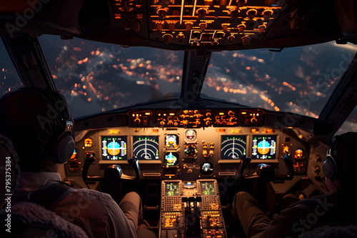 The dashboard and the cockpit of an airplane inside with two pilots photo