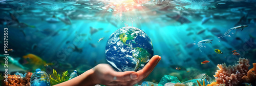 underwater view of a hand holding the Earth, with plastic bottles floating in water below as pollution continues to increase and sunlight shining on it. sea pollution