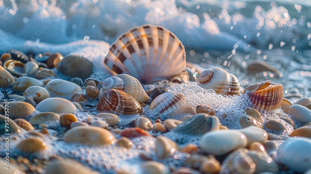 Close-up of seashells and pebbles washed up by the waves, forming a picturesque scene on a tranquil summer beach. Close-up of seashells and pebbles washed up by the waves, forming a picturesque scene on a tranquil summer beach.