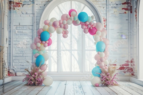 A large archway of balloons is set up in a room with a window. The archway is made up of pink, blue, and white balloons