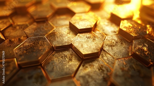 golden hexagons with beveled edges lit from the right