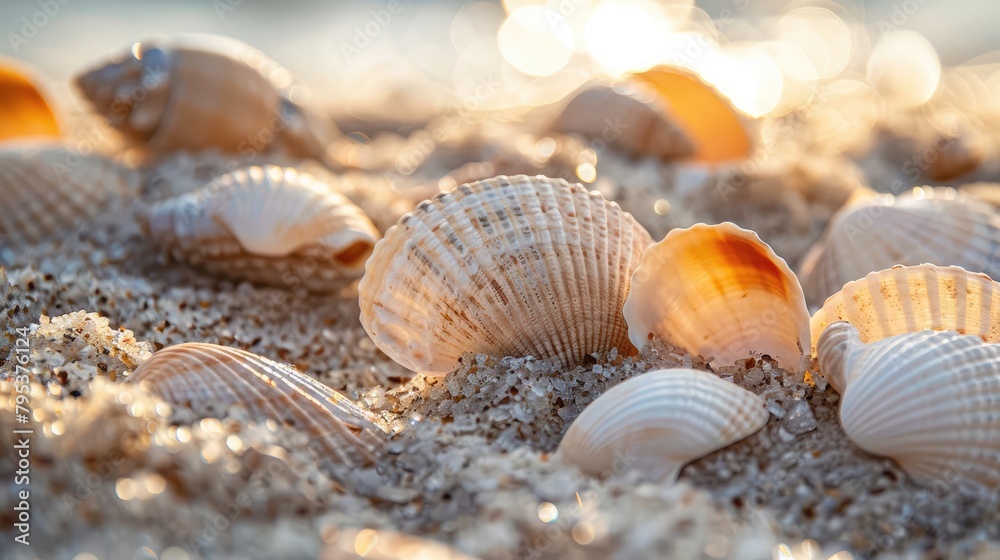 Close-up of seashells partially buried in the sand, their smooth surfaces reflecting the warmth of the summer sun. Close-up of seashells partially buried in the sand, their smooth surfaces reflecting the warmth of the summer sun.