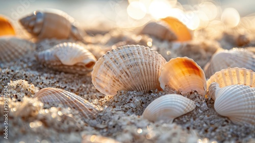 Close-up of seashells partially buried in the sand, their smooth surfaces reflecting the warmth of the summer sun. © buraratn