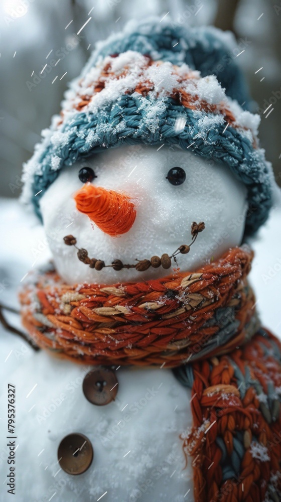 Obraz premium Snowman with a carrot nose, hat, scarf, coal buttons, and stick arms standing outside on a winter's day. Concept of winter, snow, and childhood. Shallow field of view.