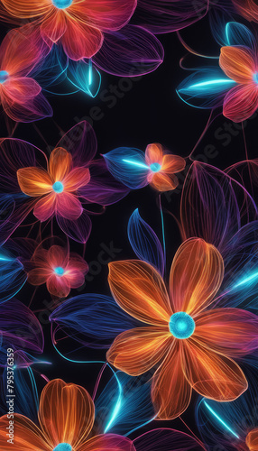 Bright neon flowers on a dark background creating a magical atmosphere, perfect for design, wallpapers or abstract art