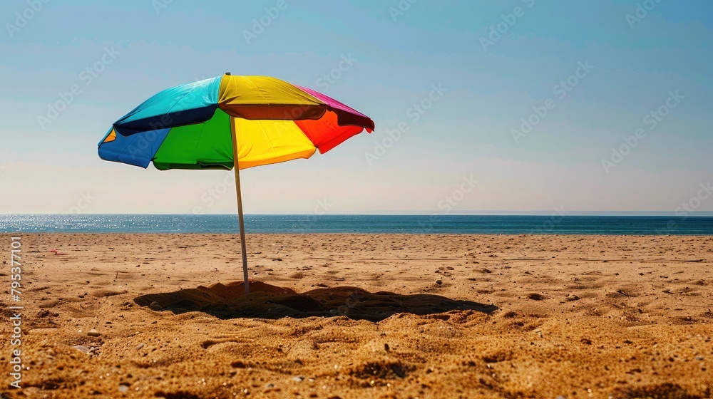 colorful beach umbrella casting shade on golden sands, providing relief from the scorching summer sun.