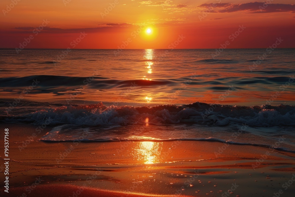 Sunrise At Sea. Beautiful Beach Sunrise with Sun Reflecting in Water