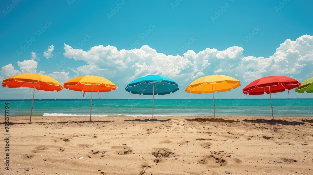 Colorful beach umbrellas dotting the shoreline, creating a picturesque oasis for sun-seekers during summer vacations.