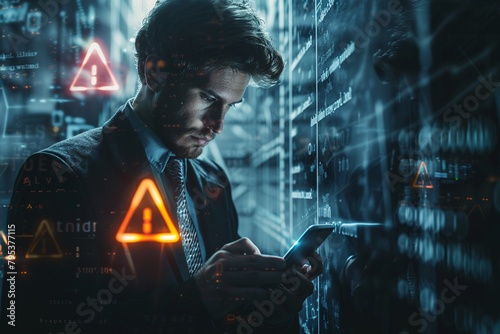 Visualize a captivating image featuring a businessman engrossed in his mobile smartphone, facing a virtual warning sign indicating caution regarding economic investment risks