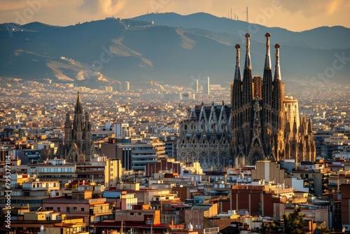 Beauty of Barcelona skyline featuring Sagrada Familia, Ai Generated