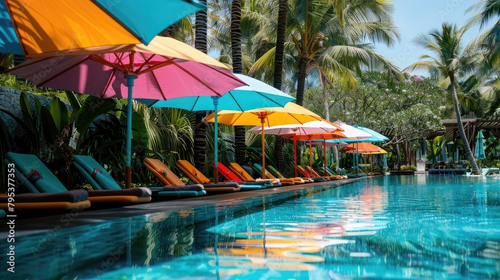 Colorful umbrellas lining the poolside of a luxury resort, offering guests a cool respite from the summer heat. Colorful umbrellas lining the poolside of a luxury resort, offering guests a cool respite from the summer heat.
