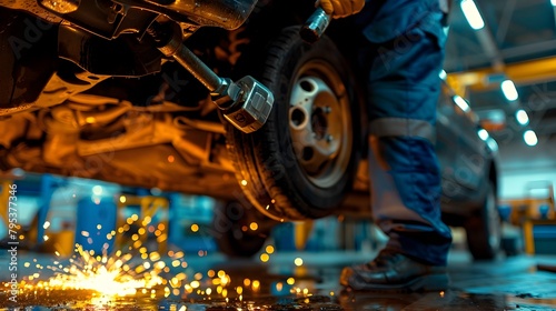 Precision and Intensity: Mechanic Wields Pneumatic Impact Wrench in Auto Repair