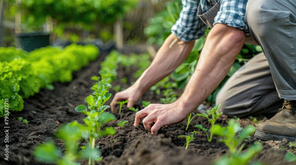 gardener kneeling beside a row of freshly planted vegetables, ensuring they receive proper irrigation and care.