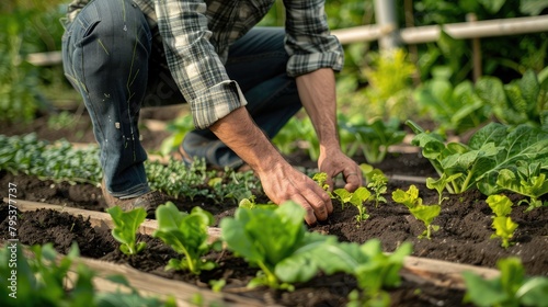 gardener kneeling beside a row of freshly planted vegetables, ensuring they receive proper irrigation and care.