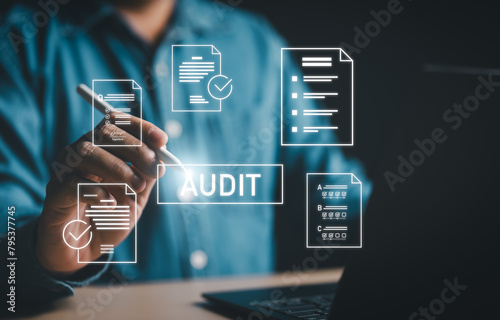 Business audit online documents, quality assessment management with paperwork checklist. Businessman work with document evaluation process, plan review process, data report analysis and consulting.