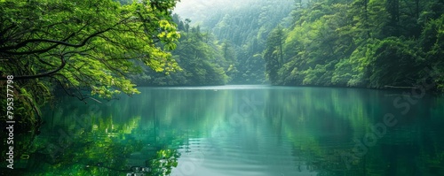 A peaceful scene featuring a calm lake embraced by vibrant green foliage, inspiring tranquility and serenity. photo