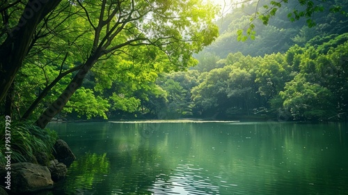A peaceful scene featuring a calm lake embraced by vibrant green foliage, inspiring tranquility and serenity.