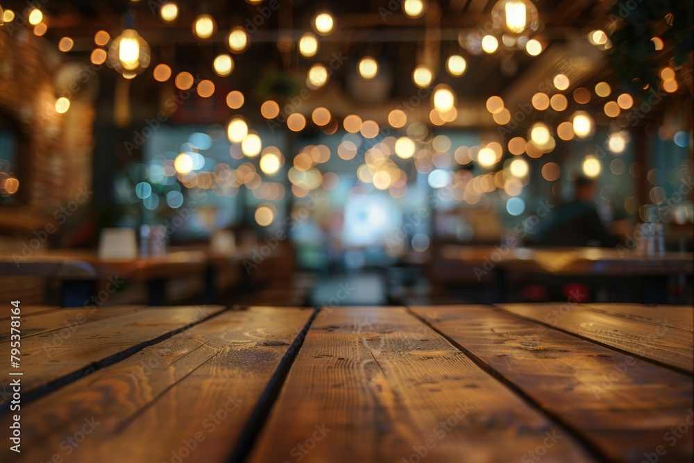 Wood With Lights Background. Empty Tabletop with Bokeh Light in Blurred Dining Environment