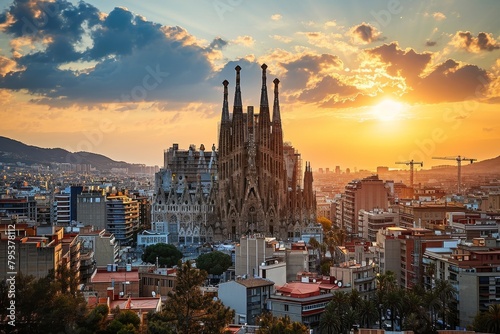 Beauty of Barcelona skyline featuring Sagrada Familia, Ai Generated photo