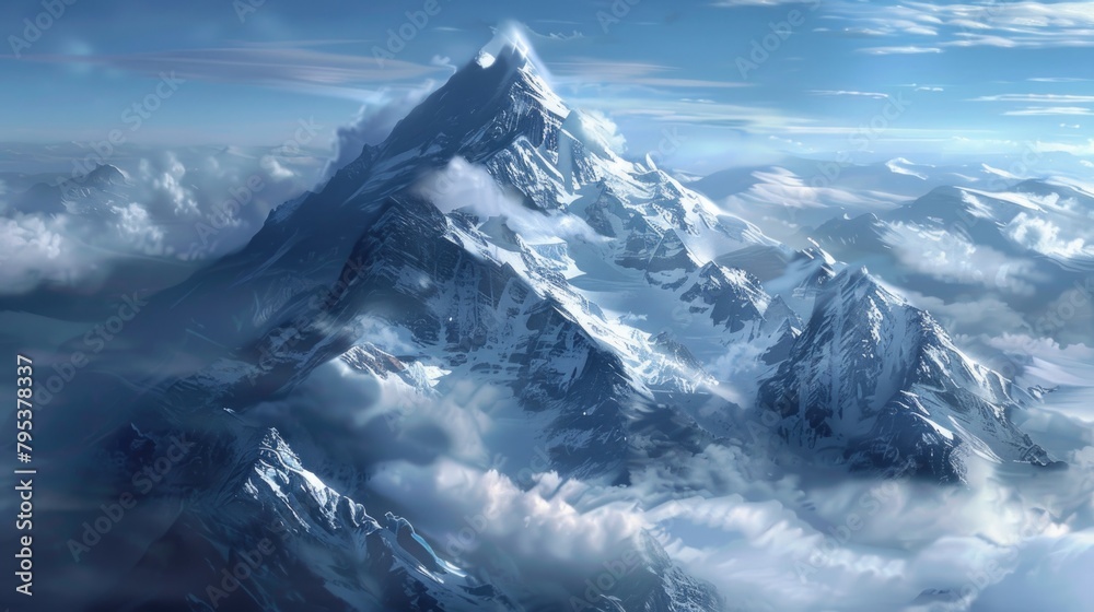 Snow Mountain Landscape. High icy peaks in a cold icy sky with a view of icy rocks