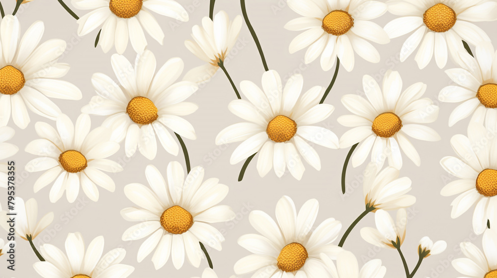 Daisies illuminated by soft studio lighting, creating a visually stunning and seamless 70s-inspired pattern with a touch of elegance.