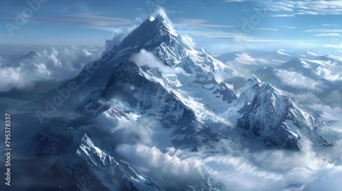 Snow Mountain Landscape. High icy peaks in a cold icy sky with a view of icy rocks