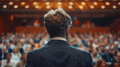 Speaker giving a talk at a corporate business conference. Unrecognizable people in the audience at the conference hall. Business and Entrepreneurship event. Back view