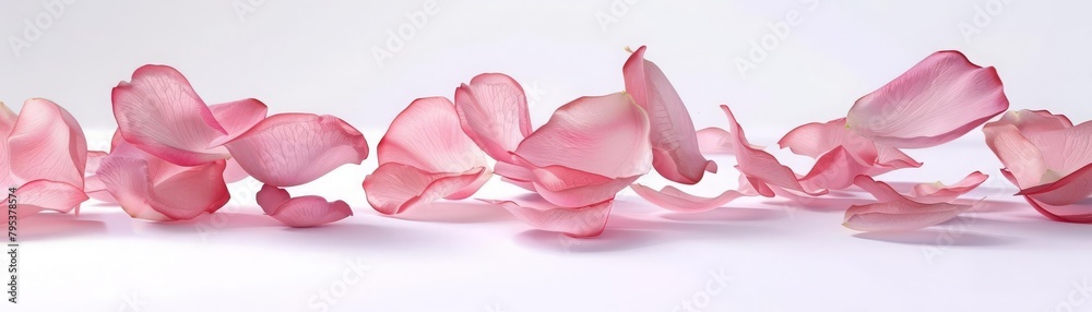 Pink rose petals scattered on a white surface.