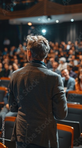 Speaker giving a talk at a corporate business conference. Unrecognizable people in the audience at the conference hall. Business and Entrepreneurship event. Back view © vadymstock
