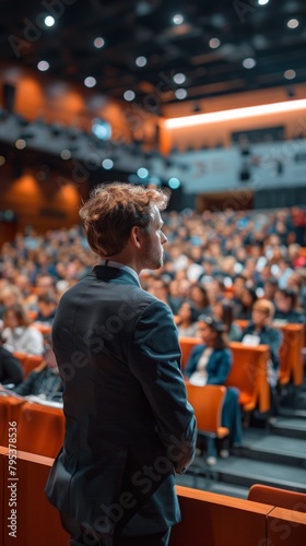 Speaker giving a talk at a corporate business conference. Unrecognizable people in the audience at the conference hall. Business and Entrepreneurship event. Back view