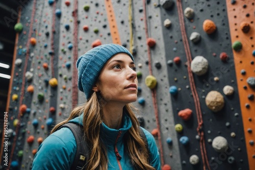 Female climber in beanie looking up at session wall in climbing gym