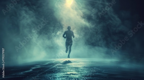 Dramatic sports background featuring a runner in an isolated scene against a dark backdrop. © vadymstock