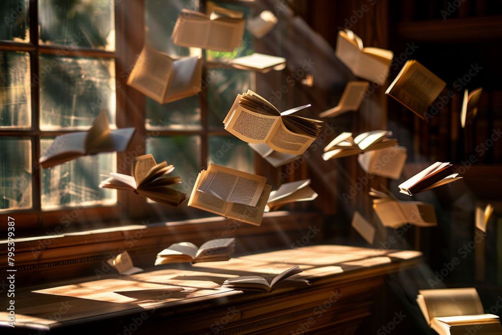 Floating books, levitating in mid-air or arranged in unexpected formations. Floating books, levitating in mid-air or arranged in unexpected formations.