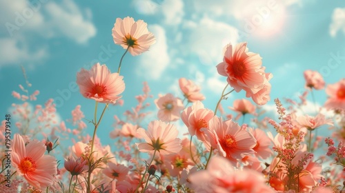 Pastel pink flowers flutter against a blue sky, creating a beautiful spring scene reminiscent of summer wallpaper.
