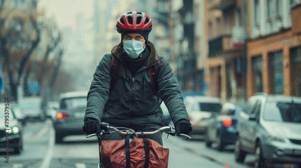 A cyclist wearing a helmet and a mask rides a bike in the city. A cyclist wearing a helmet and a mask rides a bike in the city.