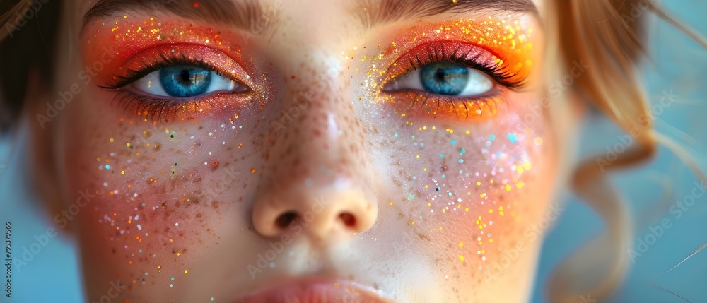 Vibrant carnival makeup on a woman with bright eyes and glitter. Concept Makeup, Vibrant, Carnival, Woman, Glitter Vibrant carnival makeup on a woman with bright eyes and glitter. Concept Makeup, Vibrant, Carnival, Woman, Glitter