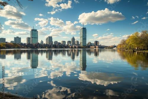 Beauty of Boston skyline mirrored on tranquil water, Ai generated