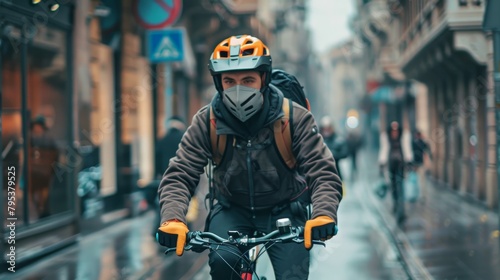 A cyclist wearing a helmet and a mask rides a bike in the city.