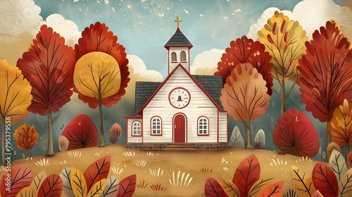 Vintage of a Schoolhouse Surrounded by Autumn Trees - Traditional Education in the Outdoors photo