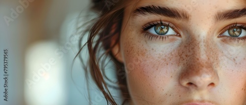 Closeup of beautiful female brown eyes with natural makeup and smooth skin. Concept Closeup Portraits, Beautiful Eyes, Natural Makeup, Smooth Skin photo