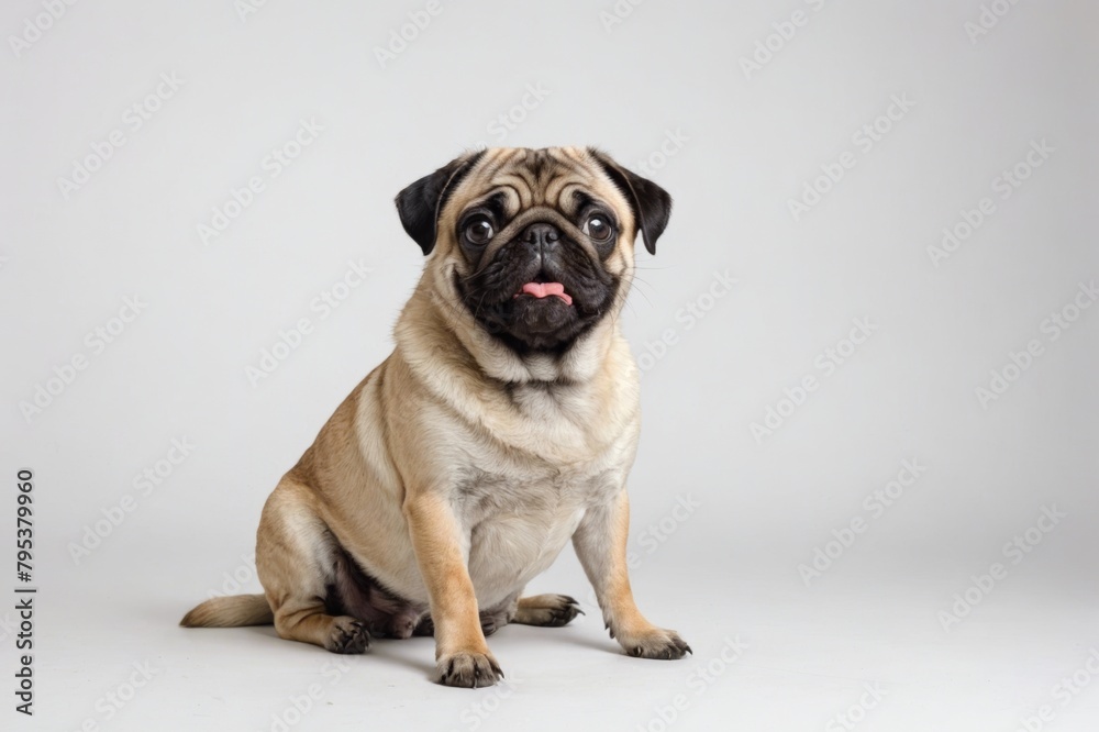 Funny adorable pedigreed Pug dog with tongue out sitting against white background, studio shot