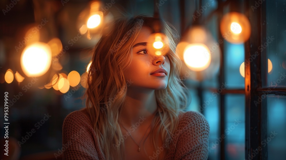 A beautiful girl is sitting in a cafe, looking out the window. There are many lights in the background. A beautiful girl is sitting in a cafe, looking out the window. There are many lights in the background.