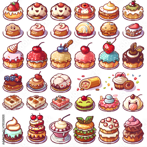 Kawaii Food dishes and desserts, pixel icon collection, isolated white background